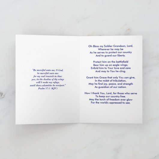 Bless My Soldier Kleinzoon Gebedskaart Bedankkaart (Binnen)