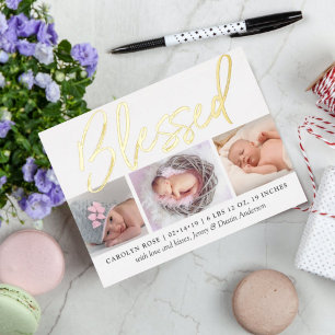 "Blessed" 3 Foto Real Folie Birth Notice Uitnodiging Briefkaart