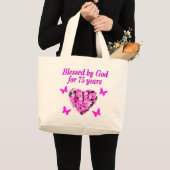 BLESSED 75TH BIRTHDAY FLORAL DESIGN GROTE TOTE BAG (Voorkant (product))