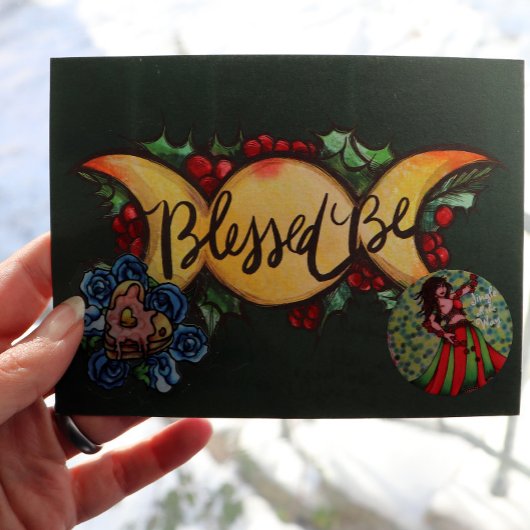 Blessed be Triple Moon Goddess Holly Yule Feestdagenkaart