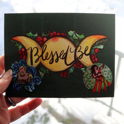 Blessed be Triple Moon Goddess Holly Yule Feestdagenkaart