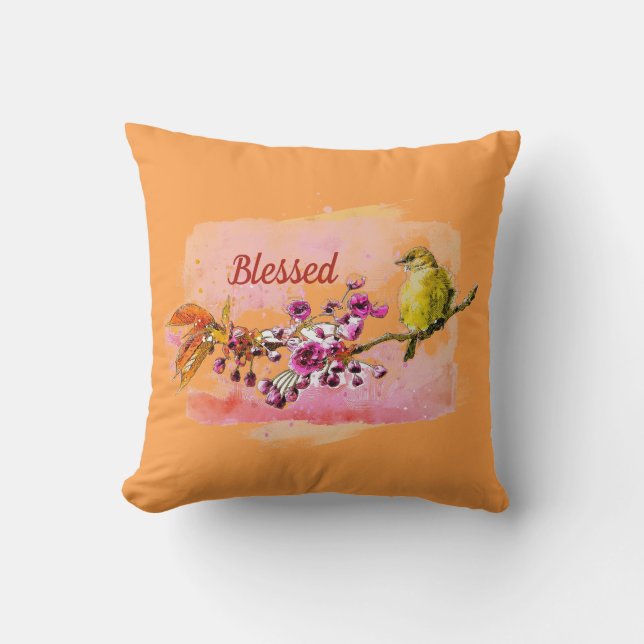 Blessed Cherry Blossom en Finch Lumbar Pillow Kussen (Voorkant)
