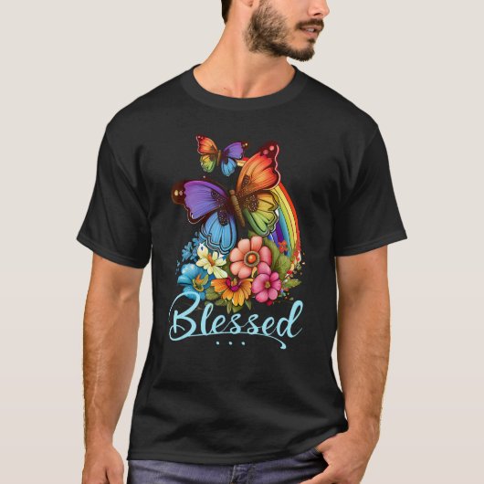 Blessed Christian Butterfly Pretty Floral Rainbow  T-shirt (Voorkant)