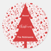 Blessed Christmas Red Christmas Tree Doodle Art Ronde Sticker (Voorkant)