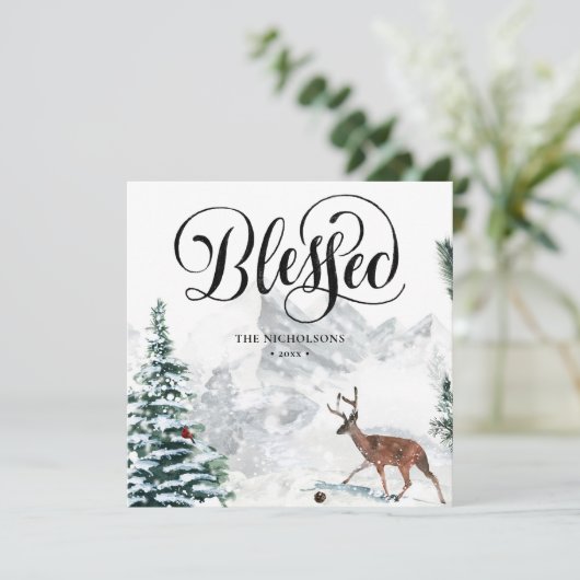 Blessed Festive Black Script Winter Snow Scenery Feestdagenkaart (Staand voorkant)