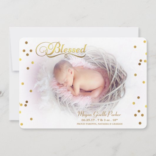 Blessed Gold Confetti Foto geboorteaankondiging Aankondiging (Voorkant)