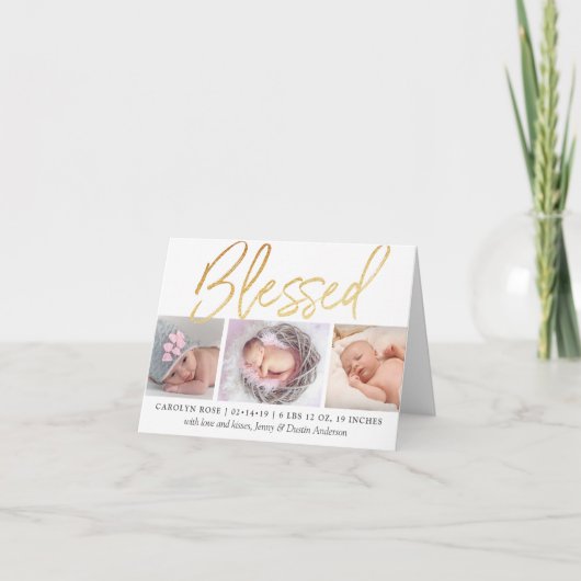"Blessed" Gold Foil 3 Fotoaankondiging Feestdagen Kaart (Voorkant)
