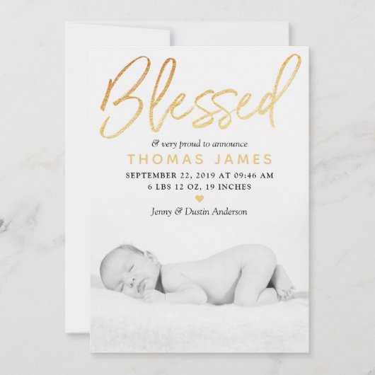 "Blessed" Gold Foil Foto geboorteaankondiging Aankondiging (Voorkant)