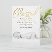 "Blessed" Gold Foil Foto geboorteaankondiging Aankondiging (Staand voorkant)