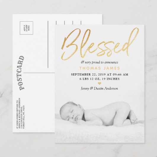 "Blessed" Gold Foil Foto geboorteaankondiging Aankondigingskaart (Voorkant / Achterkant)