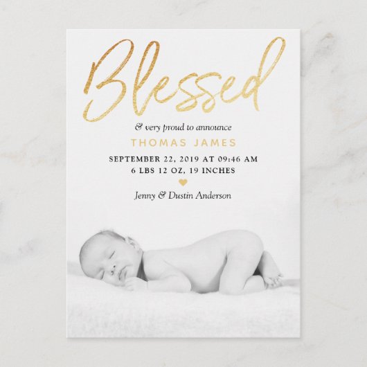 "Blessed" Gold Foil Foto geboorteaankondiging Aankondigingskaart (Voorkant)