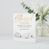 "Blessed" Gold Foil Foto geboorteaankondiging Aankondigingskaart (Staand voorkant)