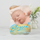"Blessed" Gold Foil Foto geboorteaankondiging Feestdagenkaart (Staand voorkant)