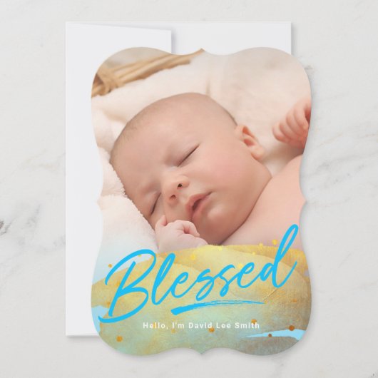 "Blessed" Gold Foil Foto geboorteaankondiging Feestdagenkaart (Voorkant)