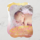 "Blessed" Gold Foil Foto geboorteaankondiging Feestdagenkaart (Voorkant / Achterkant)