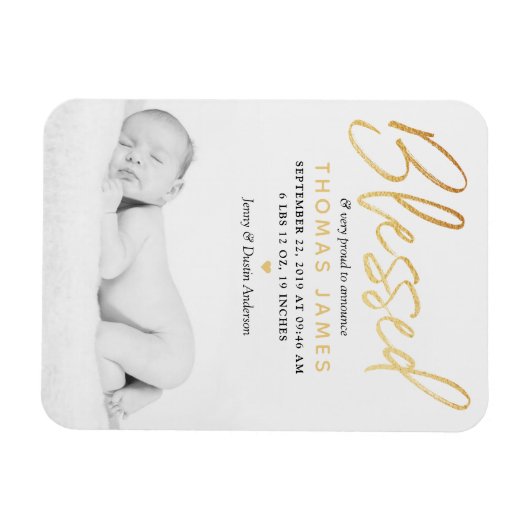 "Blessed" Gold Foil Foto geboorteaankondiging Magneet (Horizontaal)
