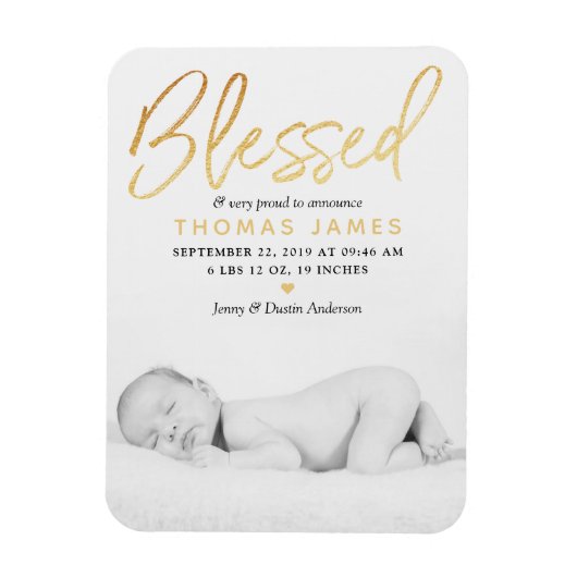 "Blessed" Gold Foil Foto geboorteaankondiging Magneet (Verticaal)