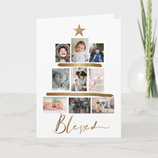 Blessed Gold Script-kerstboom Foto Collage Feestdagen Kaart (Voorkant)