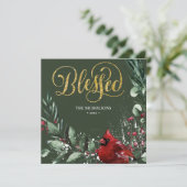 BLESSED Gold | Winterrode kardinale vogelpingboom Feestdagenkaart (Staand voorkant)