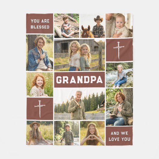 Blessed Grandpa 12 Photo Collage Custom Text Fleece Deken (Voorkant)