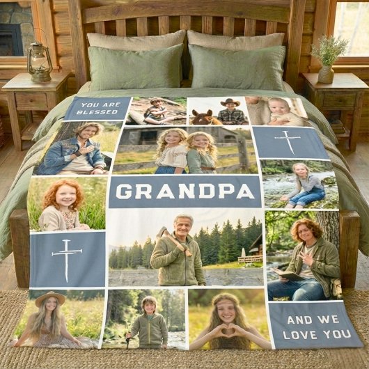 Blessed Grandpa 12 Photo Collage Custom Text Fleece Deken