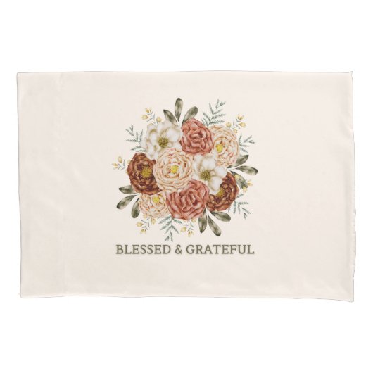 Blessed & Grateful – Waterverf Bloemen Gooi Pillo Kussensloop (Voorkant-Links)