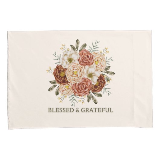 Blessed & Grateful – Waterverf Bloemen Gooi Pillo Kussensloop (Voorkant-Rechts)