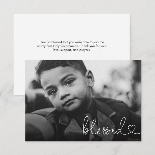 Blessed Heart Script Minimal Photo First communion Bedankkaart (Voorkant / Achterkant)