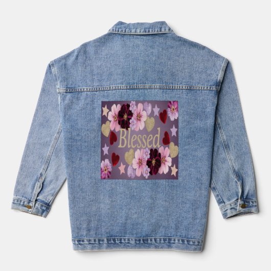 Blessed Hearts Bloemen Blauw Denim Jas Denim Jacket (Achterkant)