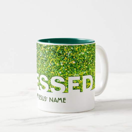 BLESSED in Jezus' naam | Stijlvol GREEN Glitter Tweekleurige Koffiemok (Voorkant rechts)