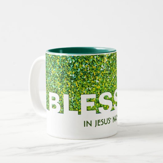 BLESSED in Jezus' naam | Stijlvol GREEN Glitter Tweekleurige Koffiemok (Voorkant links)