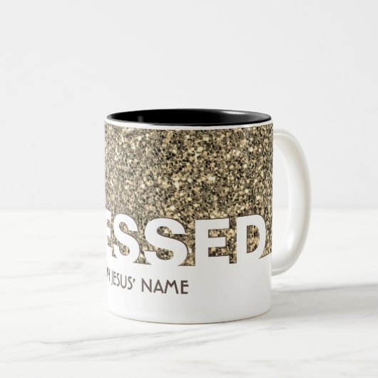 BLESSED in Jezus' naam | Stijlvolle BEIGE Glitter Tweekleurige Koffiemok (Voorkant rechts)