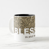 BLESSED in Jezus' naam | Stijlvolle BEIGE Glitter Tweekleurige Koffiemok (Voorkant links)