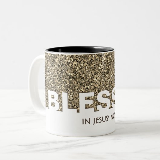 BLESSED in Jezus' naam | Stijlvolle BEIGE Glitter Tweekleurige Koffiemok (Voorkant links)