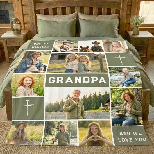 Blessed Loved Grandpa 12 Photo Collage Custom Text Fleece Deken