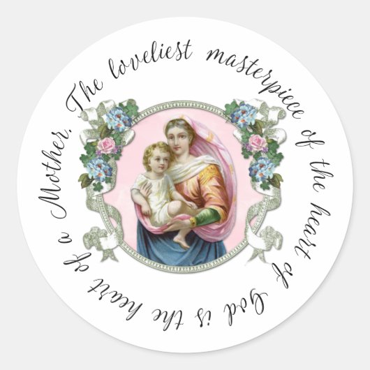 Blessed Maagd Mary Jesus moeder citeert Floral Ronde Sticker (Voorkant)