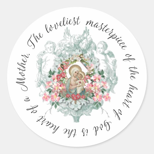 Blessed Maagd Mary Jesus moeder citeert Floral Ronde Sticker (Voorkant)