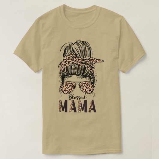 Blessed Mama Messy Bun Leopard print mama moeders T-shirt (Design voorkant)