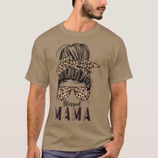Blessed Mama Messy Bun Leopard print mama moeders T-shirt