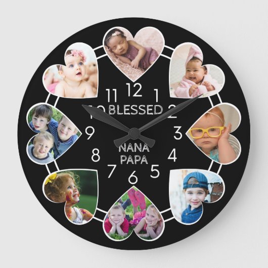 Blessed Nana Papa 8 Heart Photo Template Black Grote Klok (Voorkant)