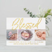 "Blessed" Real Folie 3 Foto geboorteaankondiging Folie Uitnodiging (Staand Voorkant)