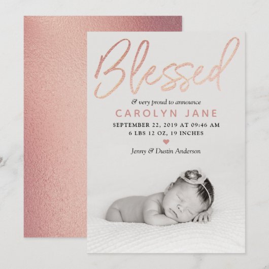 "Blessed" Roos Gold Foil Fotoaankondiging Aankondiging (Voorkant / Achterkant)