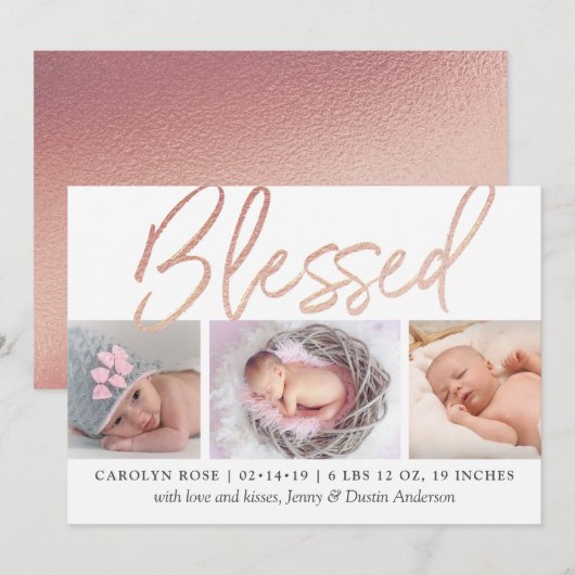 "Blessed" Roos Gold Foil Fotoaankondiging Aankondiging (Voorkant / Achterkant)