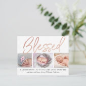 "Blessed" Roos Gold Foil Fotoaankondiging Aankondigingskaart (Staand voorkant)