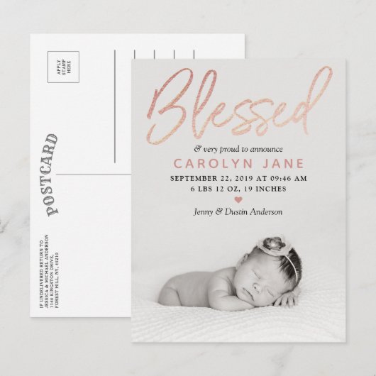 "Blessed" Roos Gold Foil Fotoaankondiging Aankondigingskaart (Voorkant / Achterkant)