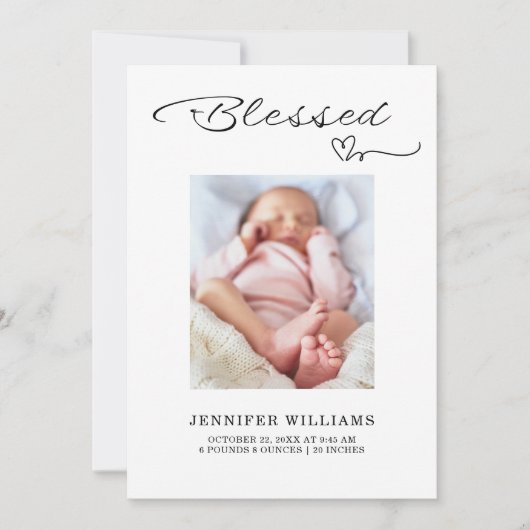 Blessed Script Flat Baby Birth Announcement Kaart (Voorkant)