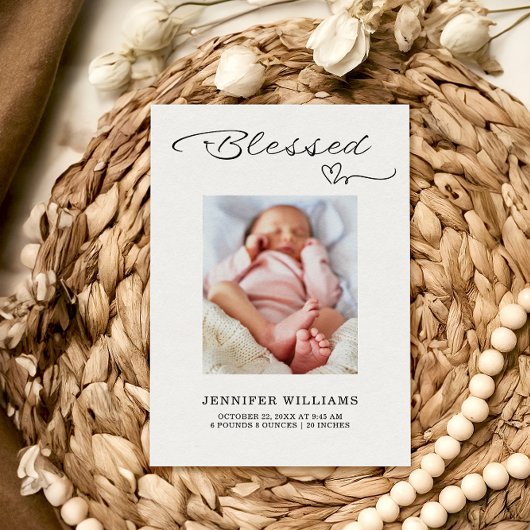 Blessed Script Flat Baby Birth Announcement Kaart