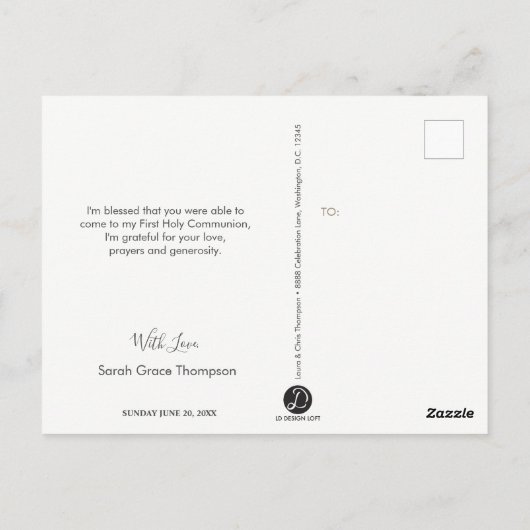 Blessed Scrpt 1st Heilige Communauteit Foto Dank u Briefkaart (Achterkant)