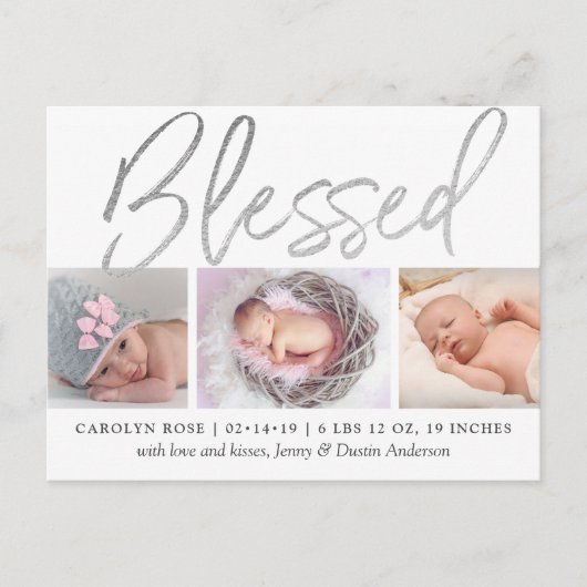 "Blessed" Silver Foil 3 Fotoaankondiging Aankondigingskaart (Voorkant)