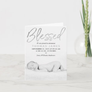"Blessed" Silver Foil Foto geboorteaankondiging Feestdagen Kaart